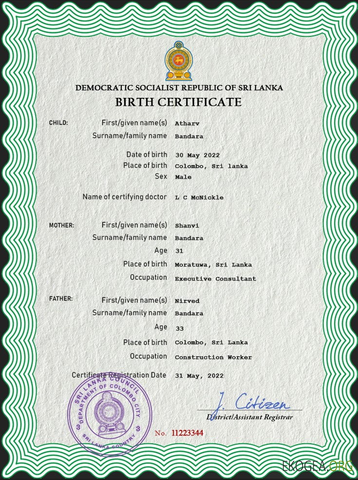 Modèle PSD de certificat de naissance de l'état civil du Sri Lanka